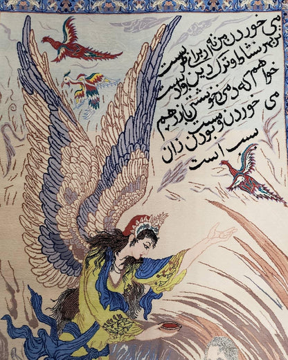 Semi Antique Persian Pictorial Rug 3'6" x 6", Angel Speaking to Prophet, Kork Wool on Silk Foundation, Detailed, Animals, Poetry, Wall Hanging Rug - Nuvé