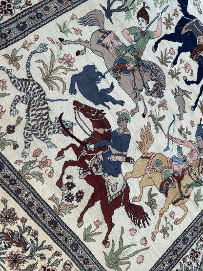 Hand-Knotted Lahore Hunting Scene Wool Rug – 8’ x 11’3” – Vintage 1950s Persian-Style Masterpiece - Nuvé