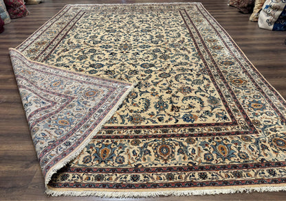 Persian Kashan Rug 10x14, Bone - Beige and Blue, Allover Pattern, Traditional Persian Carpet, Fine 260 KPSI - Nuvé