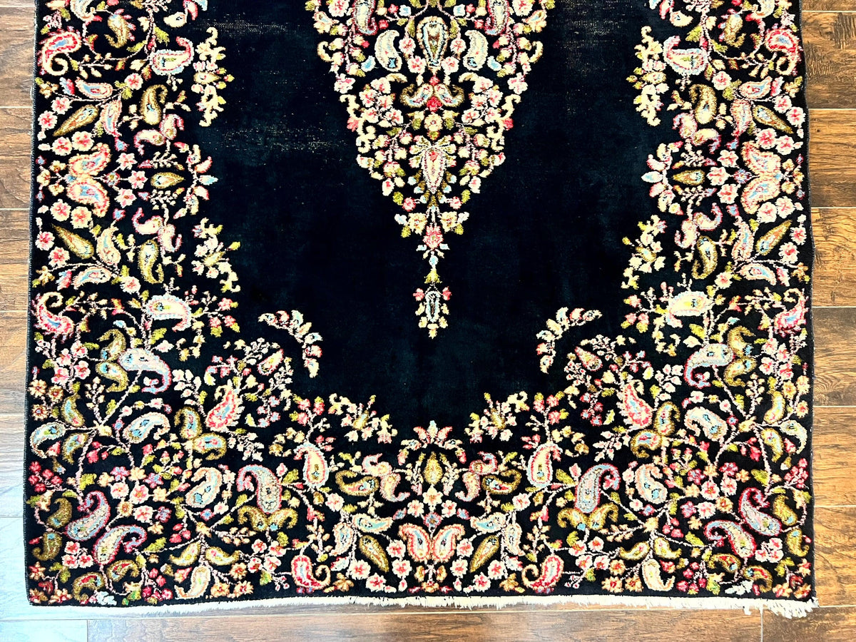 Antique Persian Kirman Rug 5x8, Floral Kirman, Midnight Blue/Black, Semi Open Field, Handmade Vintage Wool Carpet