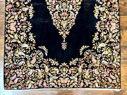 Antique Persian Kirman Rug 5x8, Floral Kirman, Midnight Blue/Black, Semi Open Field, Handmade Vintage Wool Carpet