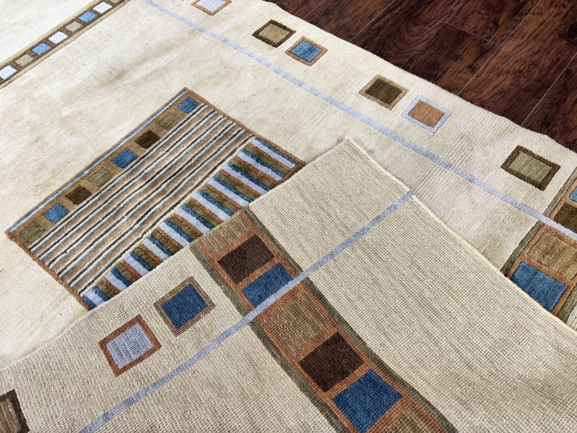 Tibetan Rug 5x8, Contemporary Rug 5 x 8 ft, Cream Brown Blue Hand-Knotted Wool w/ Silk Highlights Tibetan Carpet, Modern Rug - Nuvé