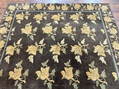 Tibetan Nepal Rug 6x9, Wool Hand Knotted Vintage Carpet 6 x 9, Dark Green & Golden Yellow, Floral Bouquets - Nuvé