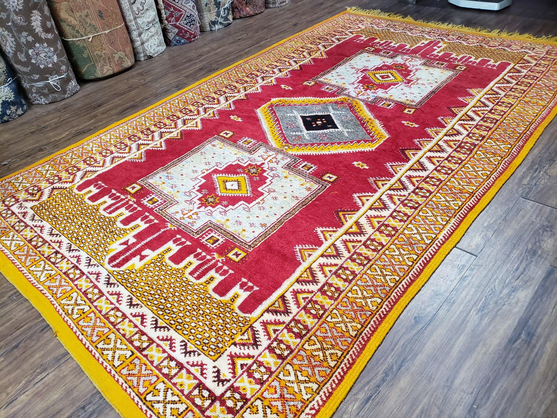 Vintage Moroccan Rug 6x10, Red and Yellow Moroccan Carpet, Handmade Bohemian Tribal Area Rug, Hand-Knotted 1970s Wool Rug, Medalions - Nuvé