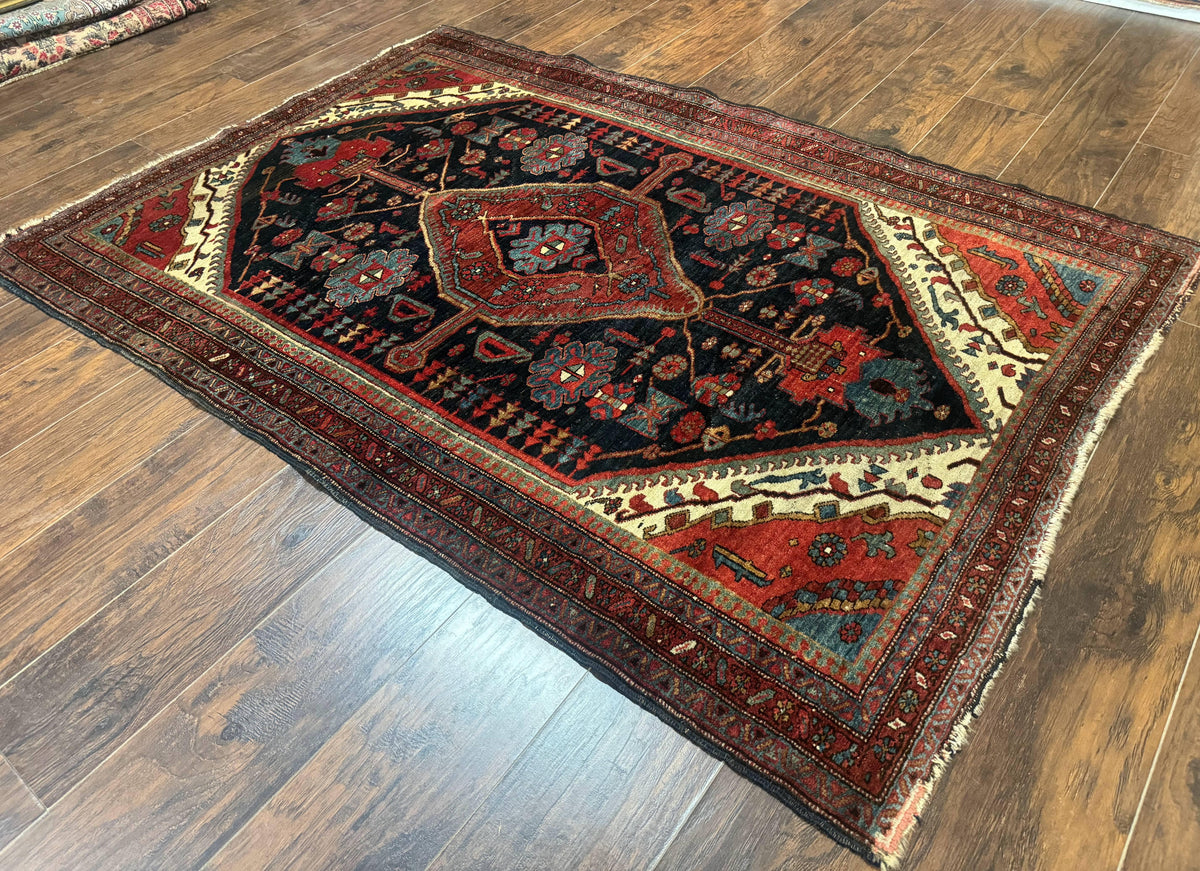 Antique Persian Bidjar Rug 5x6, Navy Blue and Red, Persian Tribal Rug