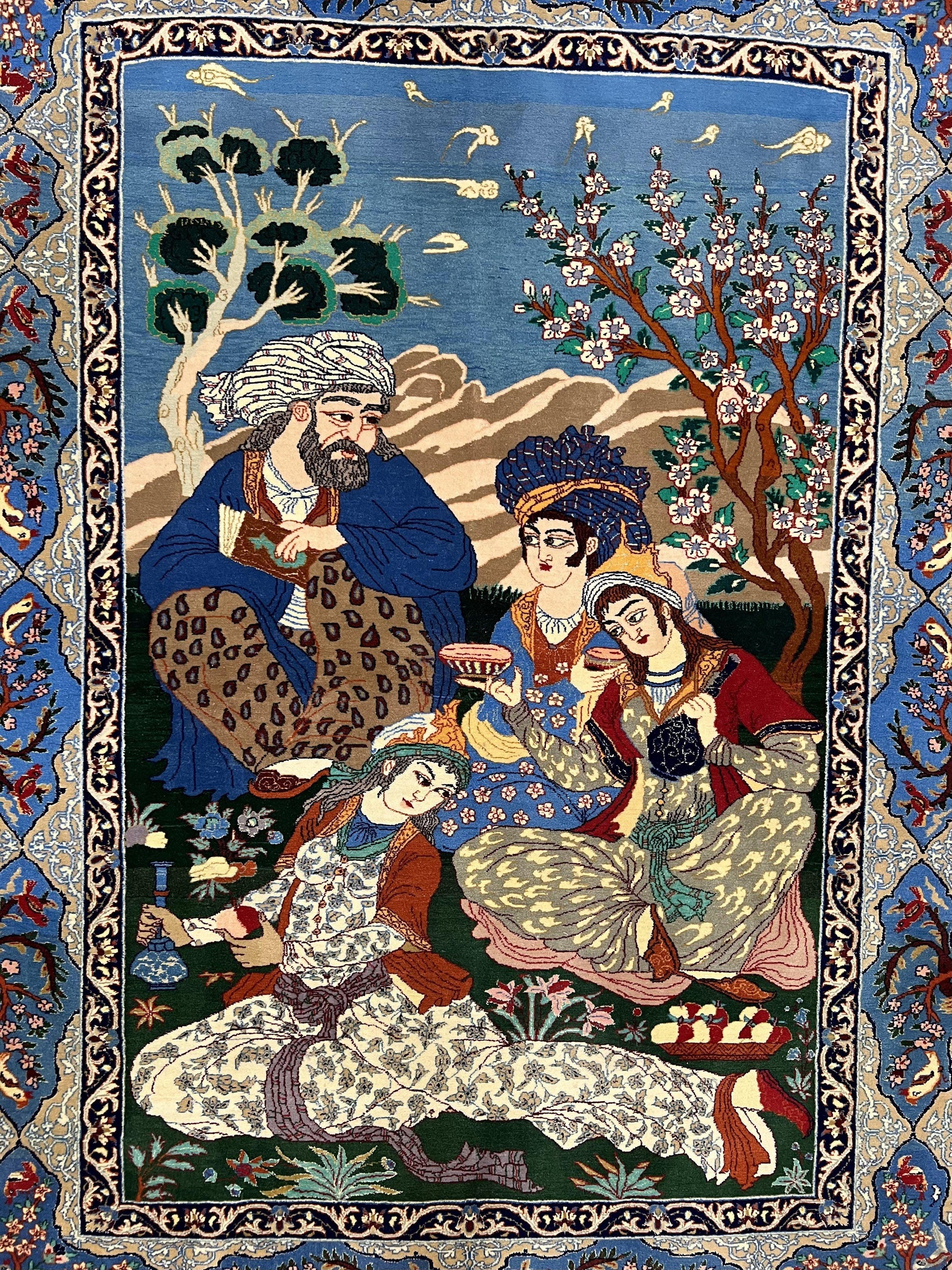 Fine Persian Isfahan Pictorial Rug 3.7 x 5, Kork Wool on Silk Foundation, Blue Persian Carpet, Hand Knotted, Humans Birds, High KPSI, Semi Antique - Nuvé