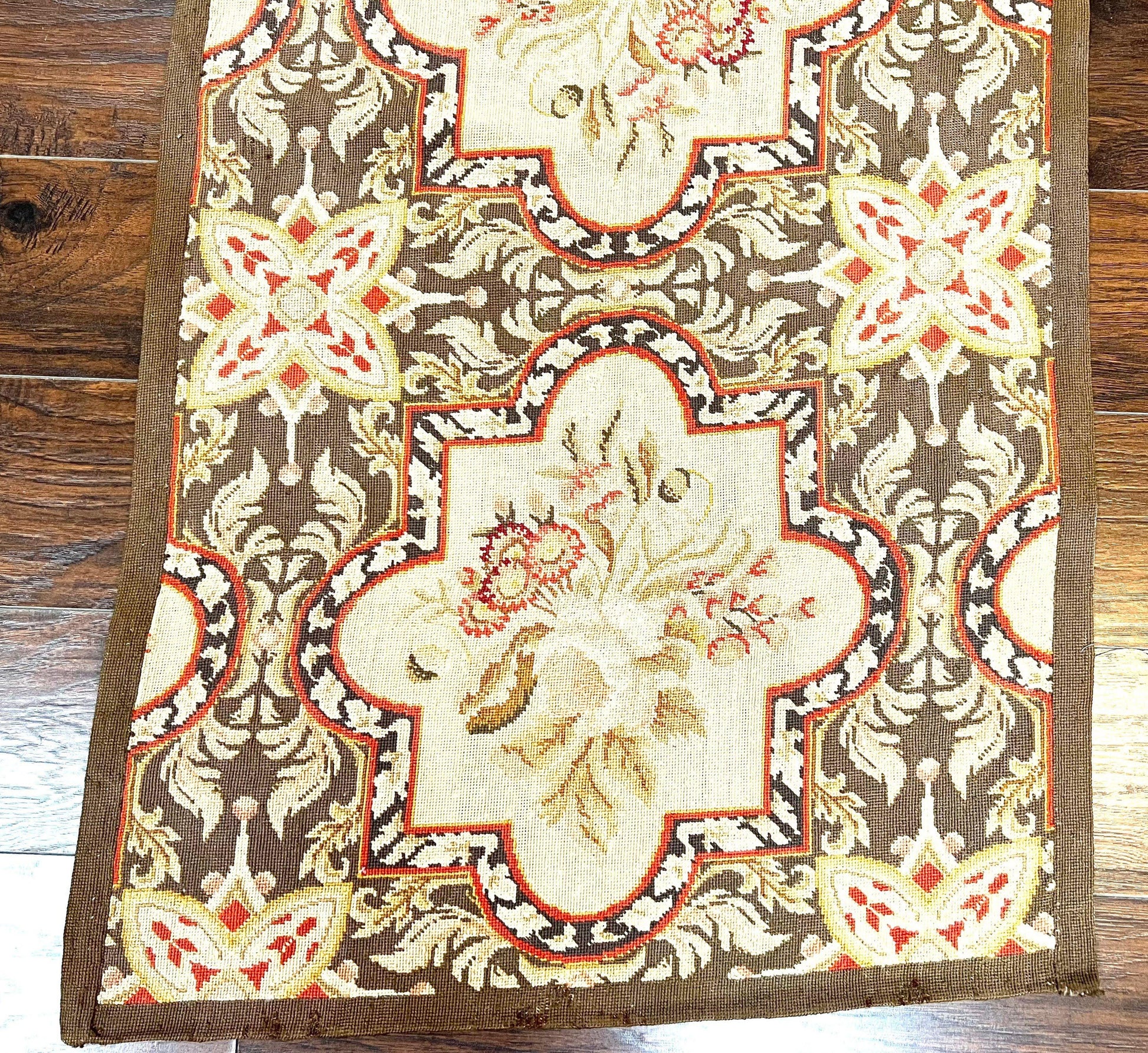Needlepoint Runner Rug 2.8 x 9.8, Brown and Beige, Handwoven Handmade Floral French European Design, Vintage Flatweave 10ft Wool Runner Rug - Nuvé