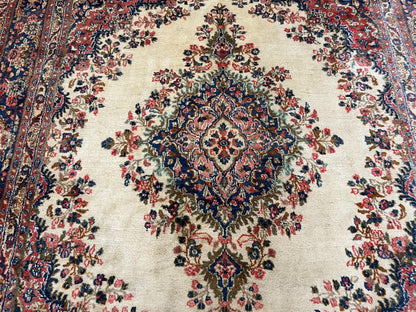 Persian Rug 9x10, Hamadan Rug, Antique Oriental Carpet, Wool Rug, Semi Open Field, Cream and Navy Blue, Kirman Design Hand Knotted Almost Square Rug - Nuvé