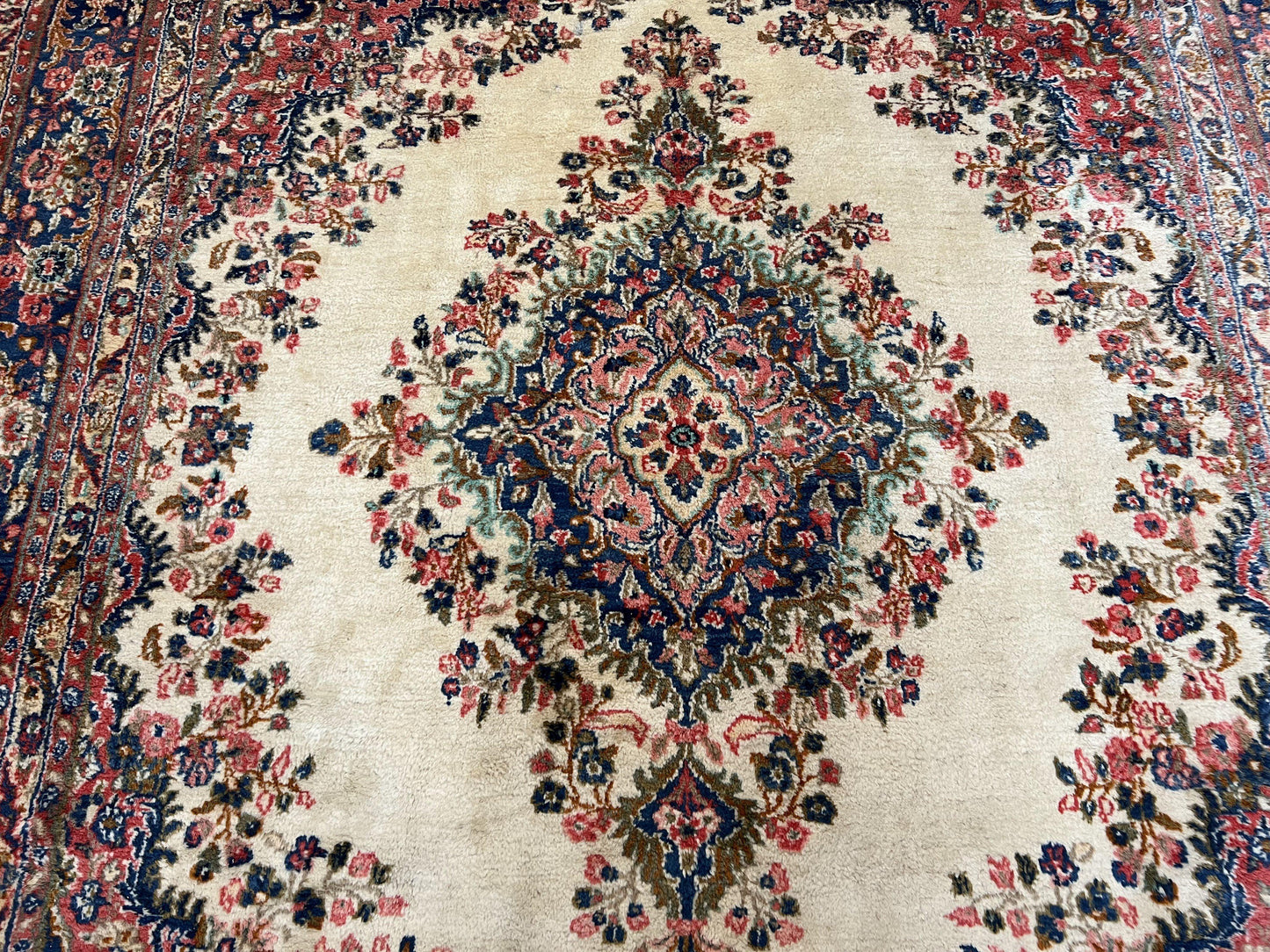 Persian Rug 9x10, Hamadan Rug, Antique Oriental Carpet, Wool Rug, Semi Open Field, Cream and Navy Blue, Kirman Design Hand Knotted Almost Square Rug