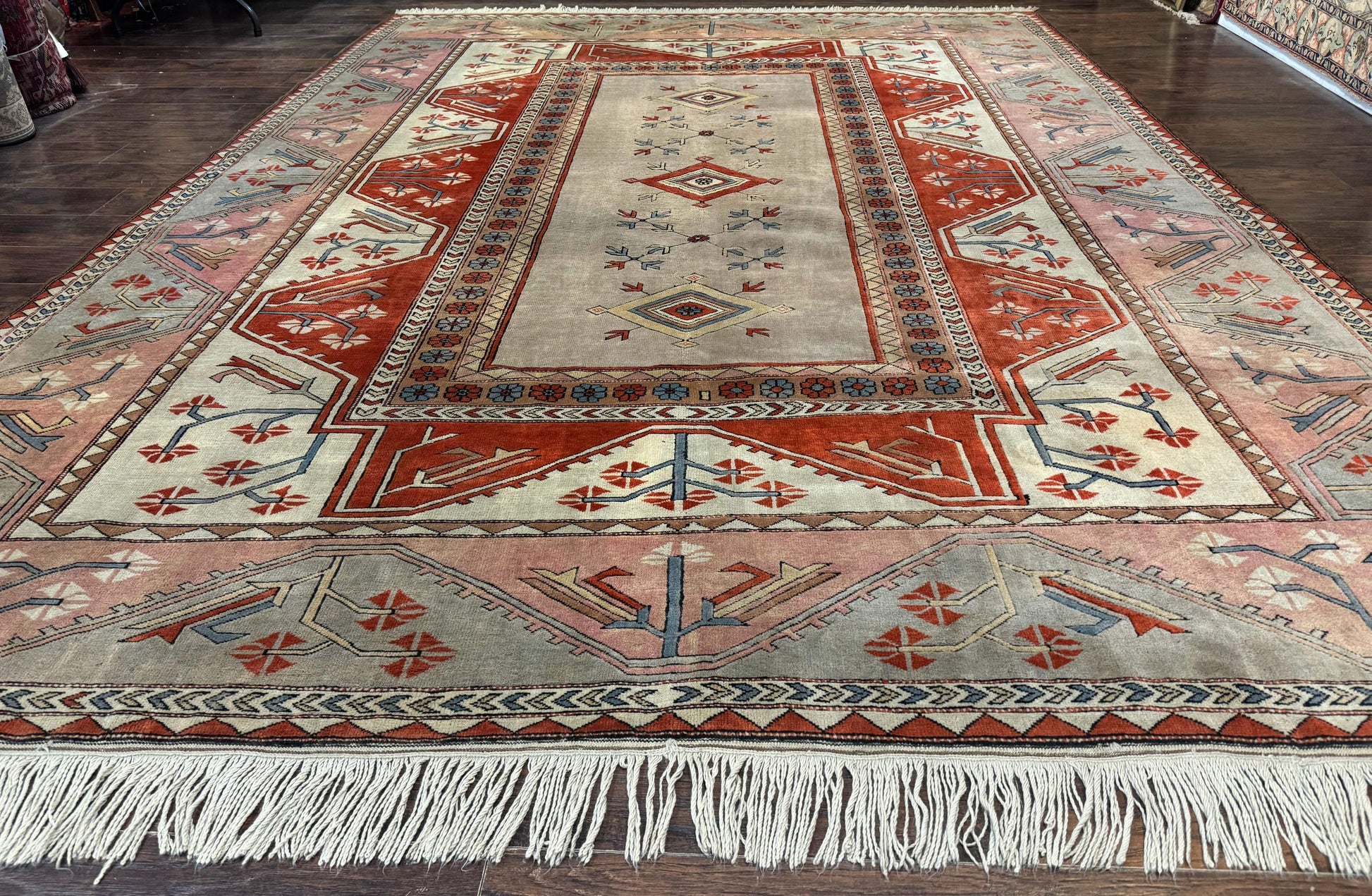Large Turkish Milas Rug 10x13, Gray, Vintage, Wool on Wool - Nuvé