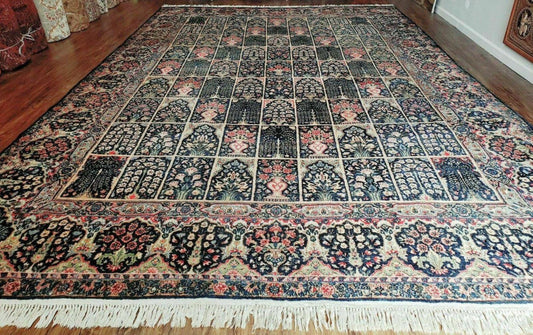 Persian Rug 10x15, Authentic Oriental Carpet 10 x 15, Wool Area Rug Panel Design Hand-Knotted Vintage Kirman Yazd Rug, Dark Blue and Beige,  Floral - Nuvé