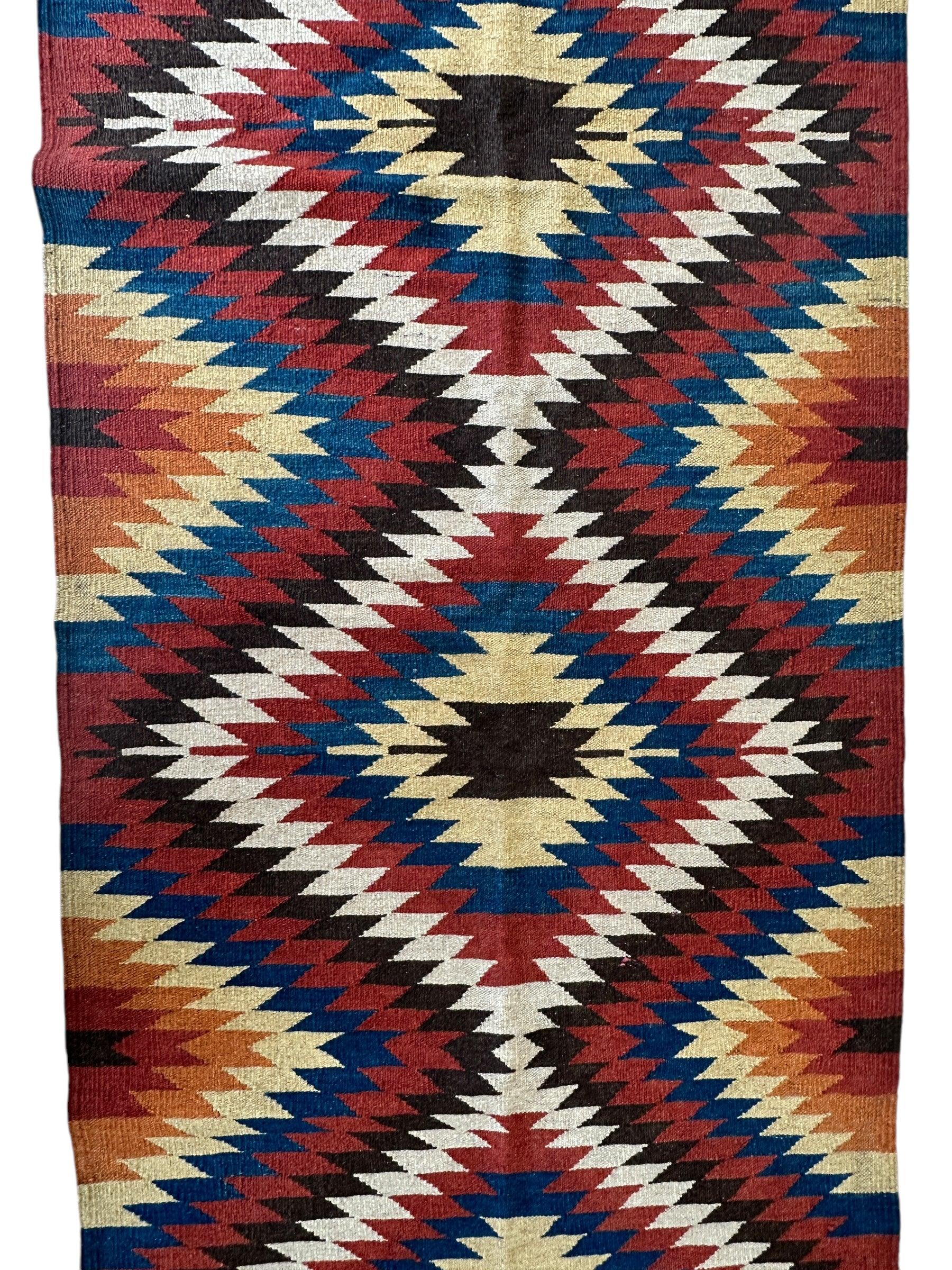 Hand-Knotted Afghan Kilim Wool Runner Rug – 2’8” x 12’4” – Vintage Full Geometric Design - Nuvé