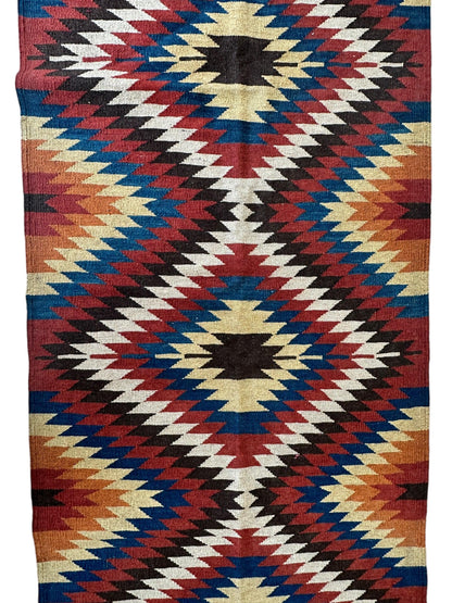Hand-Knotted Afghan Kilim Wool Runner Rug – 2’8” x 12’4” – Vintage Full Geometric Design - Nuvé