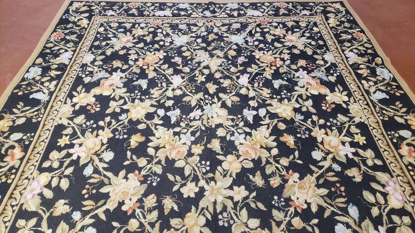 6x9 Vintage Needlepoint Rug Petitepoint Carpet Butterflies Floral Design Dark Brown & Tan 6 x 9 Handmade Flatweave Area Rug - Nuvé
