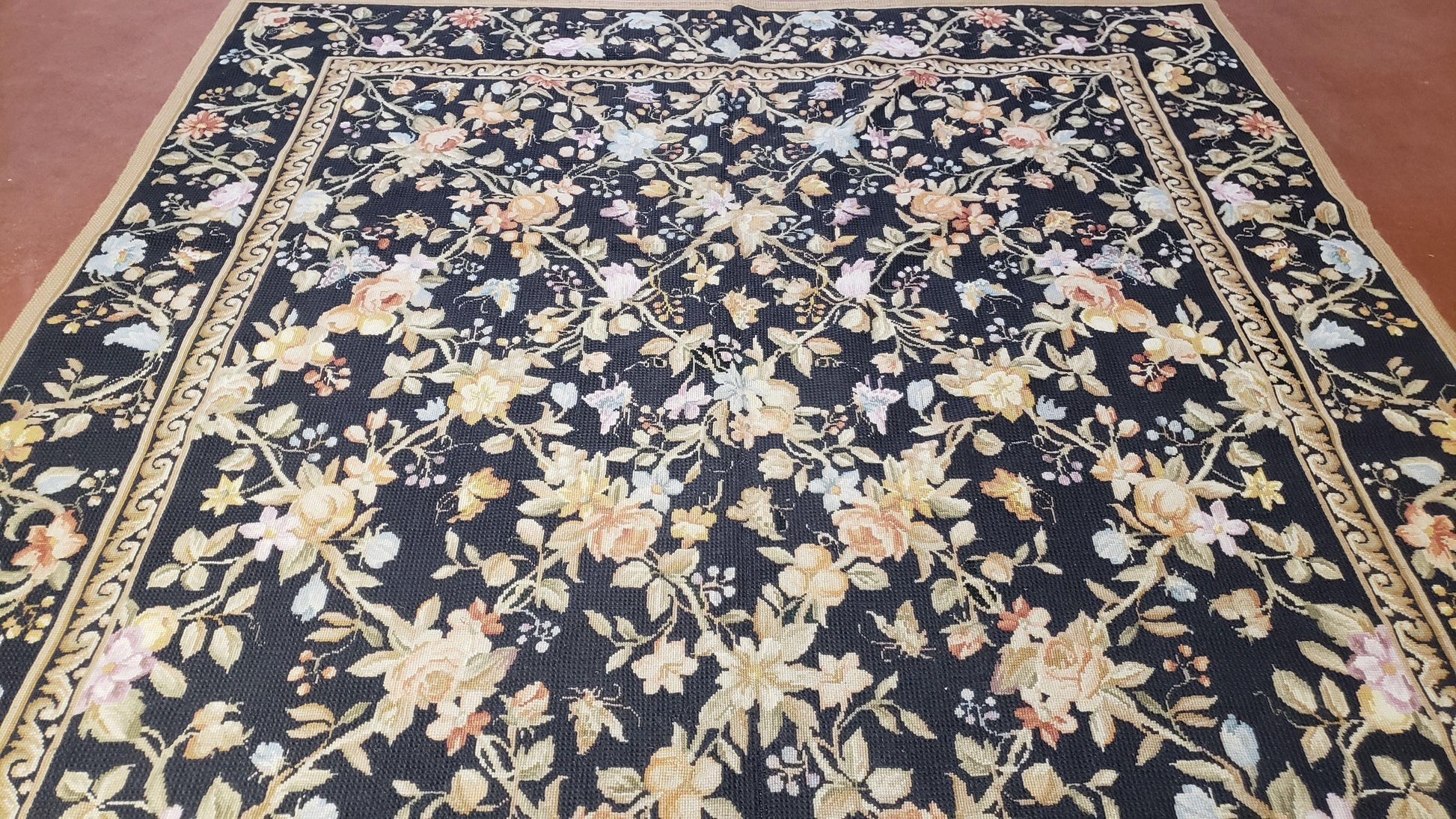 6x9 Vintage Needlepoint Rug Petitepoint Carpet Butterflies Floral Design Dark Brown & Tan 6 x 9 Handmade Flatweave Area Rug - Nuvé