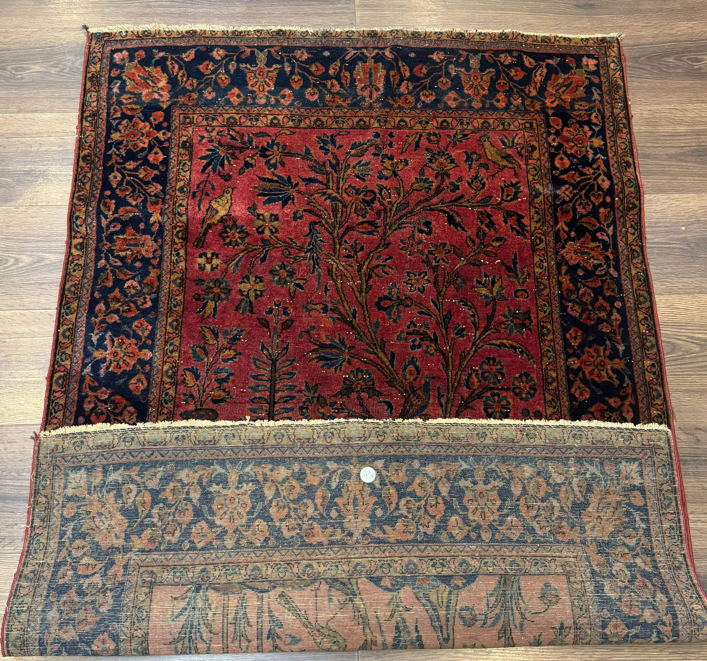Antique Persian Tree of Life Rug 3x5, Manchester Wool, Bird Pictorials, Fine 240 KPSI, Red Navy Blue - Nuvé