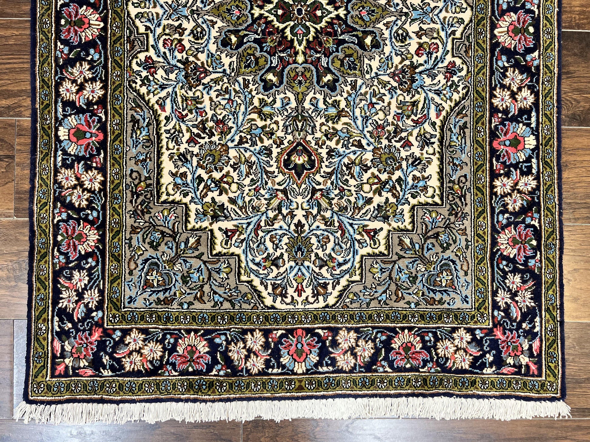 Persian Qum Rug 3x5, Wool with Silk Highlights, Handmade Semi Antique Carpet, Ivory & Navy Blue, Floral Medallion, Finely Hand Knotted - Nuvé