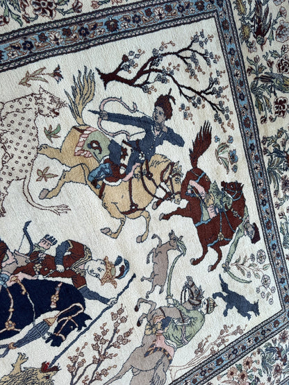 Hand-Knotted Lahore Hunting Scene Wool Rug – 8’ x 11’3” – Vintage 1950s Persian-Style Masterpiece - Nuvé