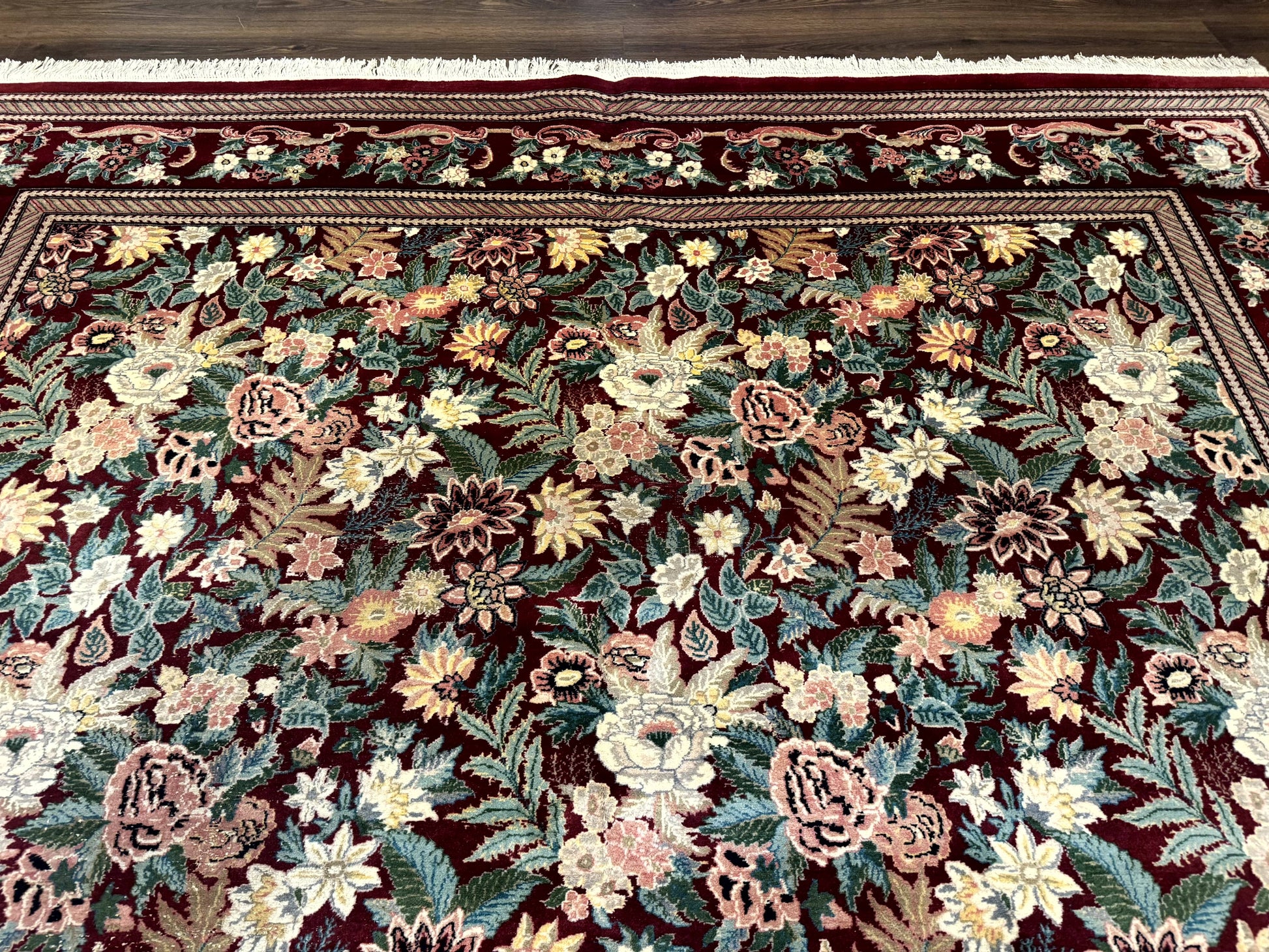 Pakistani Rug 9x12 William Morris Maroon Vintage Floral Wool - Nuvé