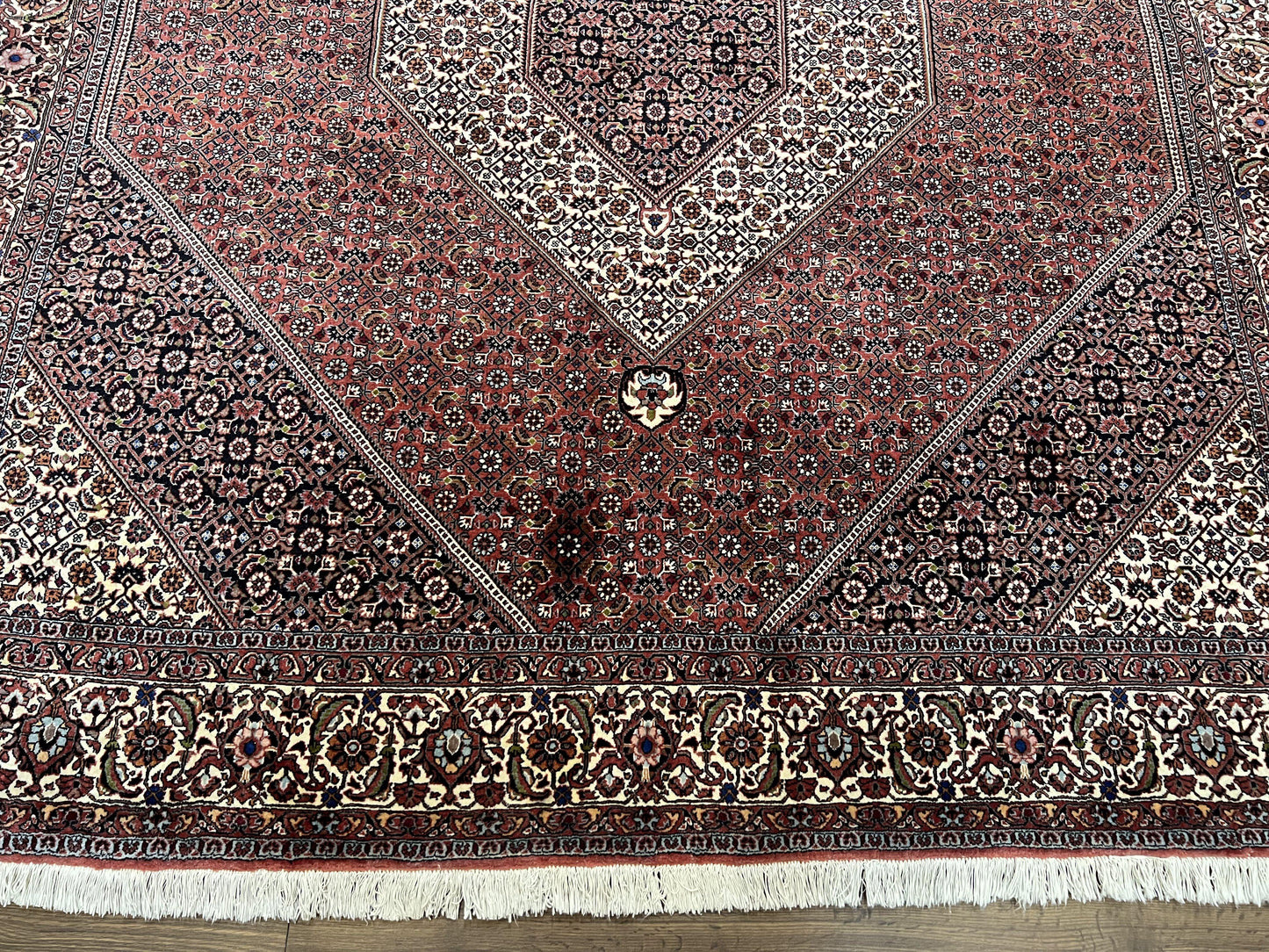 Wonderful Persian Bidjar Rug 7x8 ft, Almost Square Oriental Carpet, Herati Mahi, Highly Detailed, Ivory Red Navy Blue, Very Fine Handmade Bijar Rug - Nuvé