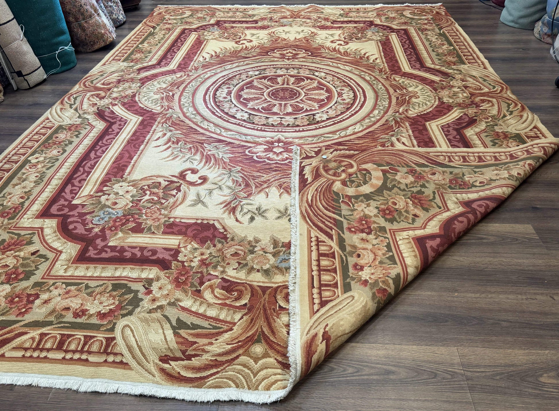 Large Aubusson Rug 10x13, Thick Flatweave Carpet, Elegant European Design, Cream and Raspberry - Nuvé
