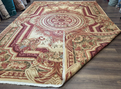 Large Aubusson Rug 10x13, Thick Flatweave Carpet, Elegant European Design, Cream and Raspberry - Nuvé