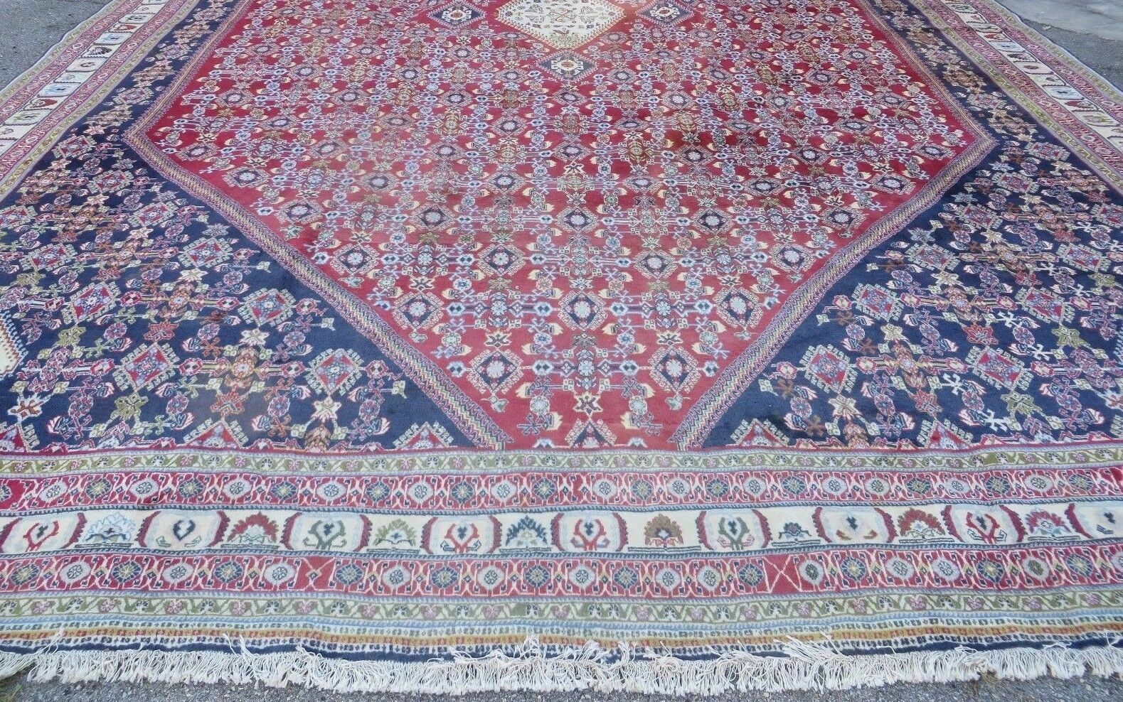 Oversized Persian Shiraz Tribal Rug 13x19, Palace Sized Oriental Carpet, Handmade Hand-Knotted X Large Rug, Red Blue Cream, Allover Herati Pattern - Nuvé