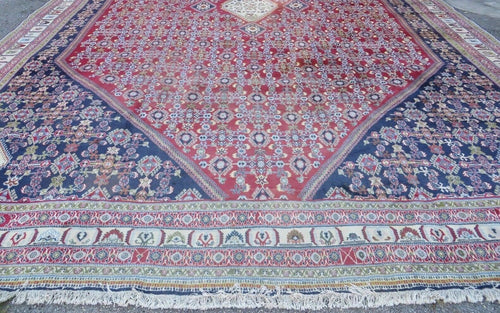 Oversized Persian Shiraz Tribal Rug 13x19, Palace Sized Oriental Carpet, Handmade Hand-Knotted X Large Rug, Red Blue Cream, Allover Herati Pattern - Nuvé