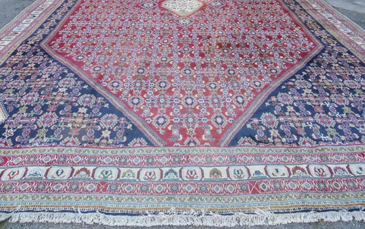 Oversized Persian Shiraz Tribal Rug 13x19, Palace Sized Oriental Carpet, Handmade Hand-Knotted X Large Rug, Red Blue Cream, Allover Herati Pattern - Nuvé