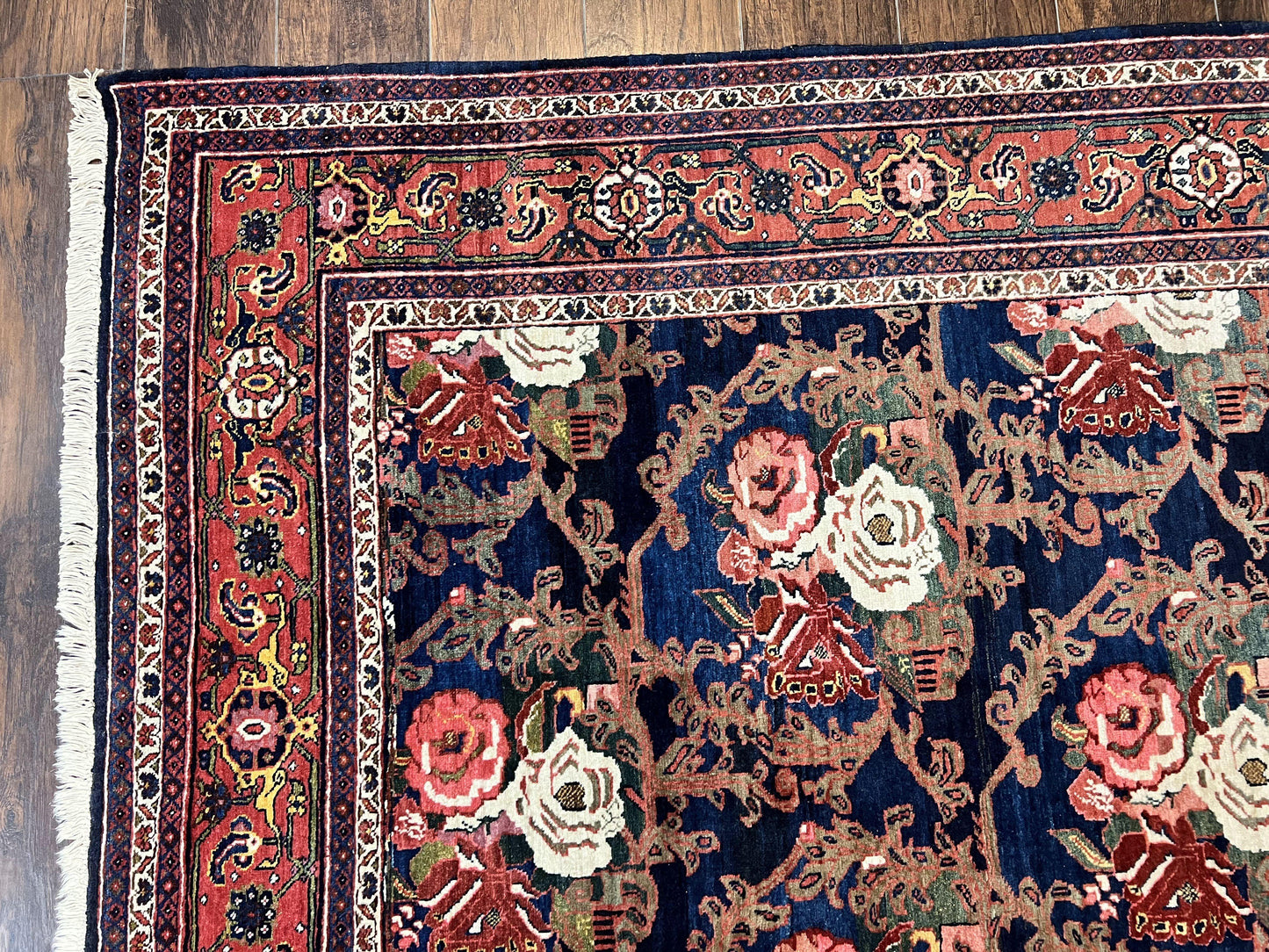 Persian Bidjar Rug 8x11, Floral Bouquets, Blue Black Red Pink, Handmade Hand Knotted Vintage Semi Antique Oriental Carpet - Nuvé