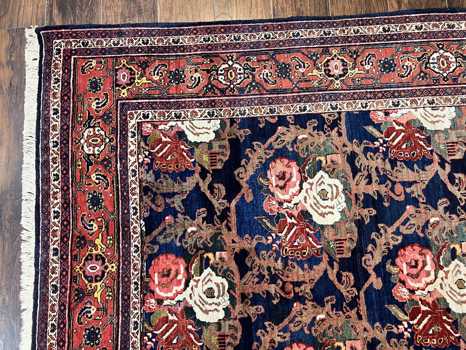 Persian Bidjar Rug 8x11, Floral Bouquets, Blue Black Red Pink, Handmade Hand Knotted Vintage Semi Antique Oriental Carpet - Nuvé