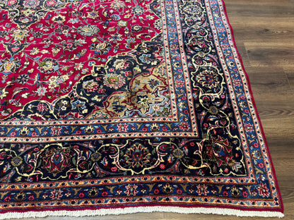Traditional Persian Rug 8x11, Red Navy Blue, Floral Medallion, Antique Persian Mashad Carpet, Wool - Nuvé