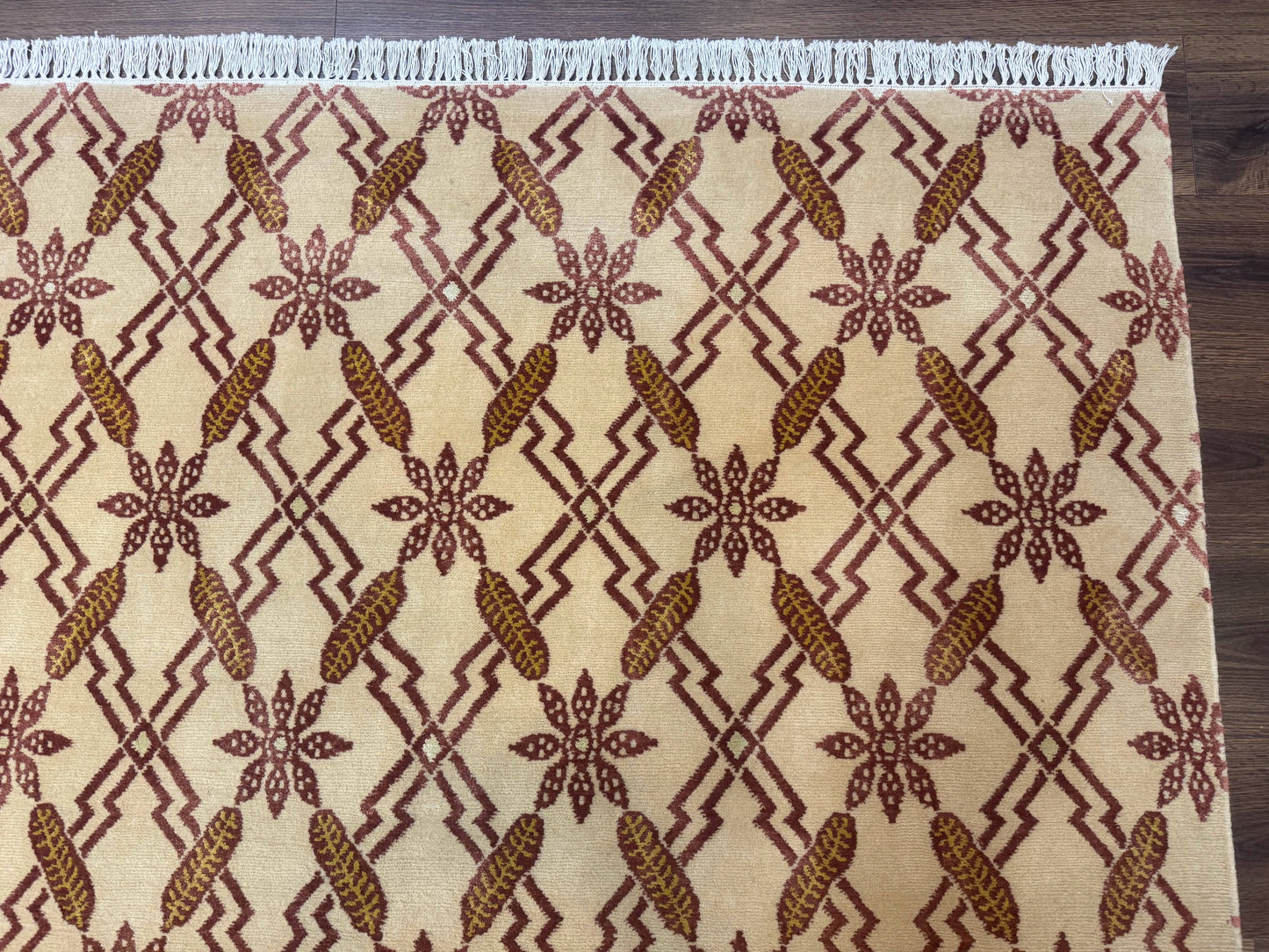 Tibetan Rug 8x10, Wool with Silk Highlights, Beige and Maroon, Contemporary Carpet - Nuvé