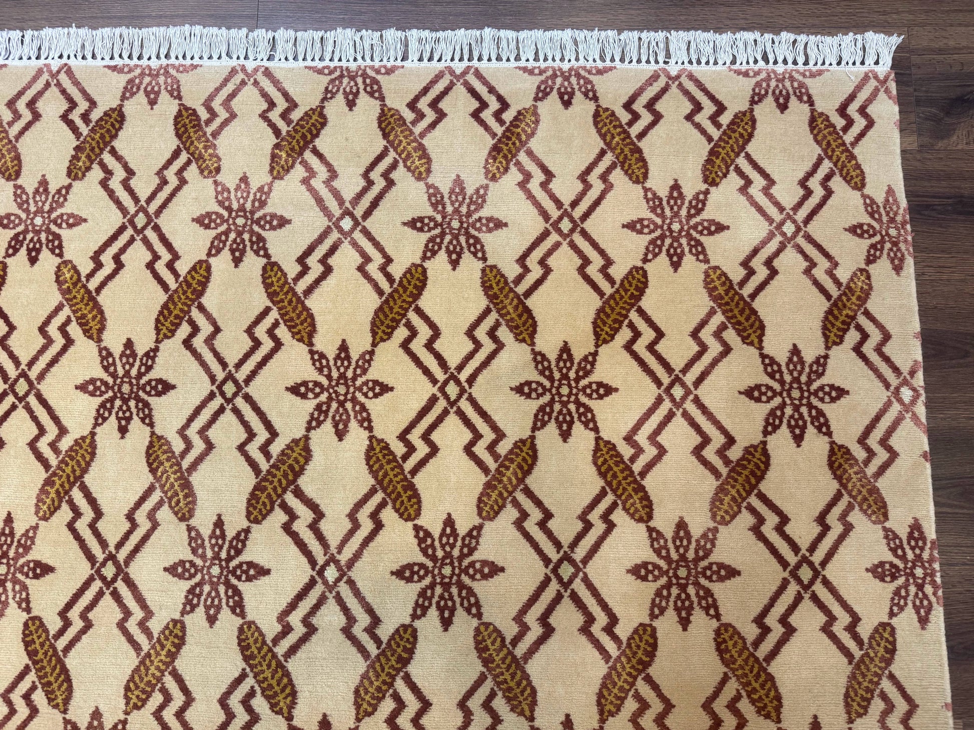 Tibetan Rug 8x10, Wool with Silk Highlights, Beige and Maroon, Contemporary Carpet - Nuvé