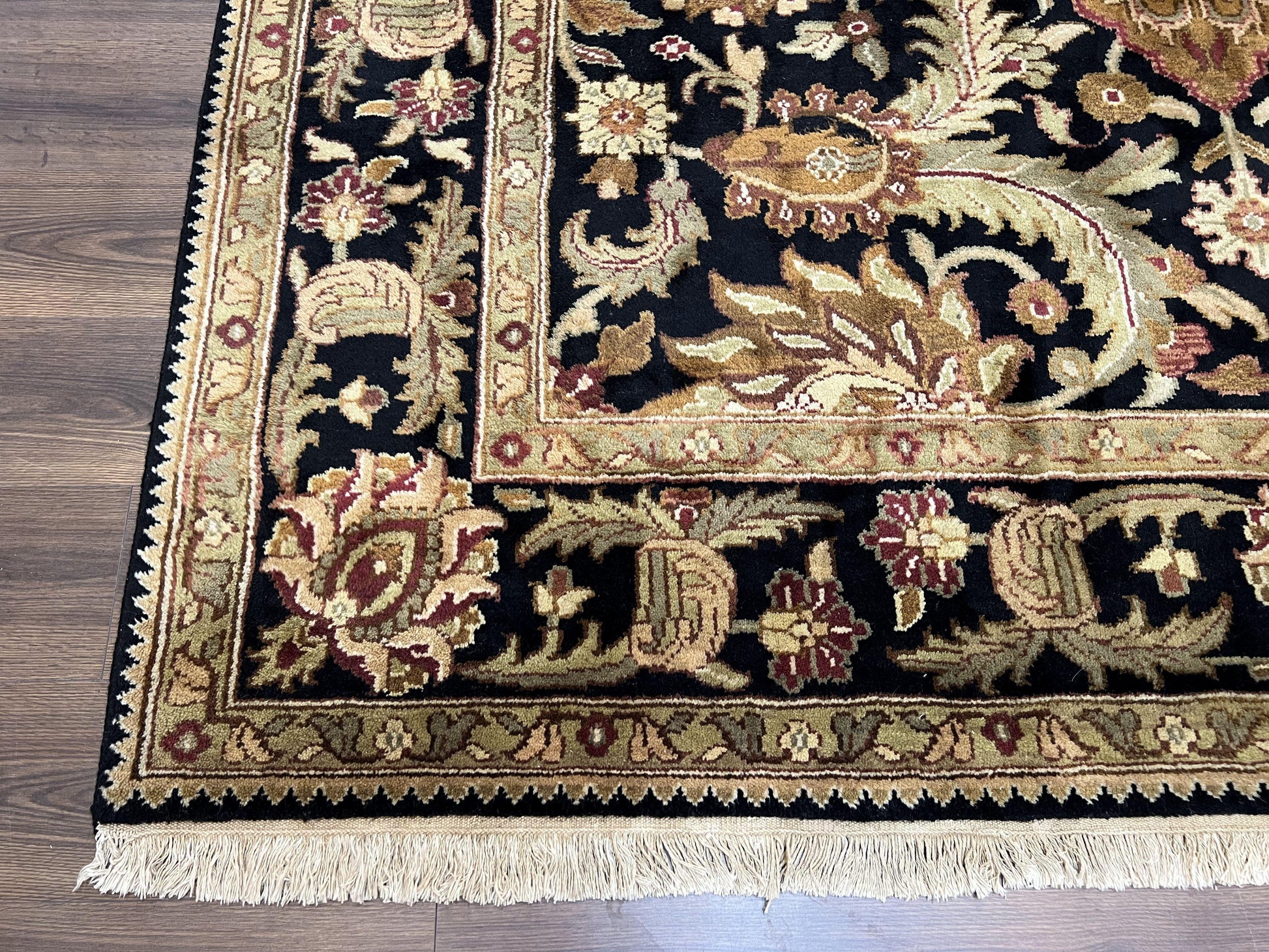Indo Mahal Sultanabad Rug 8x11, Vintage Indian Oriental Carpet, Wool Handmade Floral Rug 8 x 11 ft, Black Beige Tan, Large Flowers Allover - Nuvé