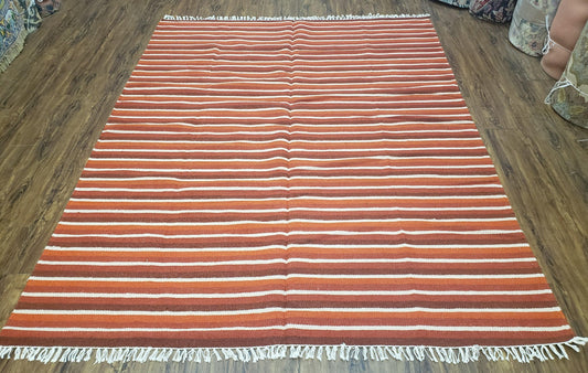 Large Striped Woolen Handmade Throw Blanket, Twin Size Bedding Hand-Woven, Indian Kilim Area Rug, 6x8 - 7x8, South American Style Textile - Nuvé