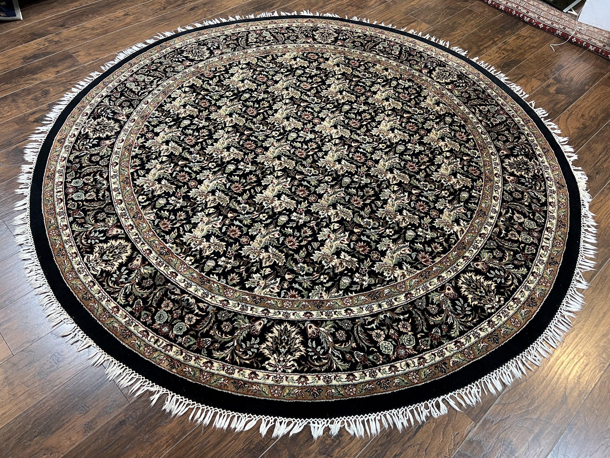 Round Oriental Rug 8x8 ft, William Morris Floral Pattern Carpet, 8 x 8 ft Round Rug, Black Cream and Tan 8ft Round Handmade Indo Persian Rug - Nuvé