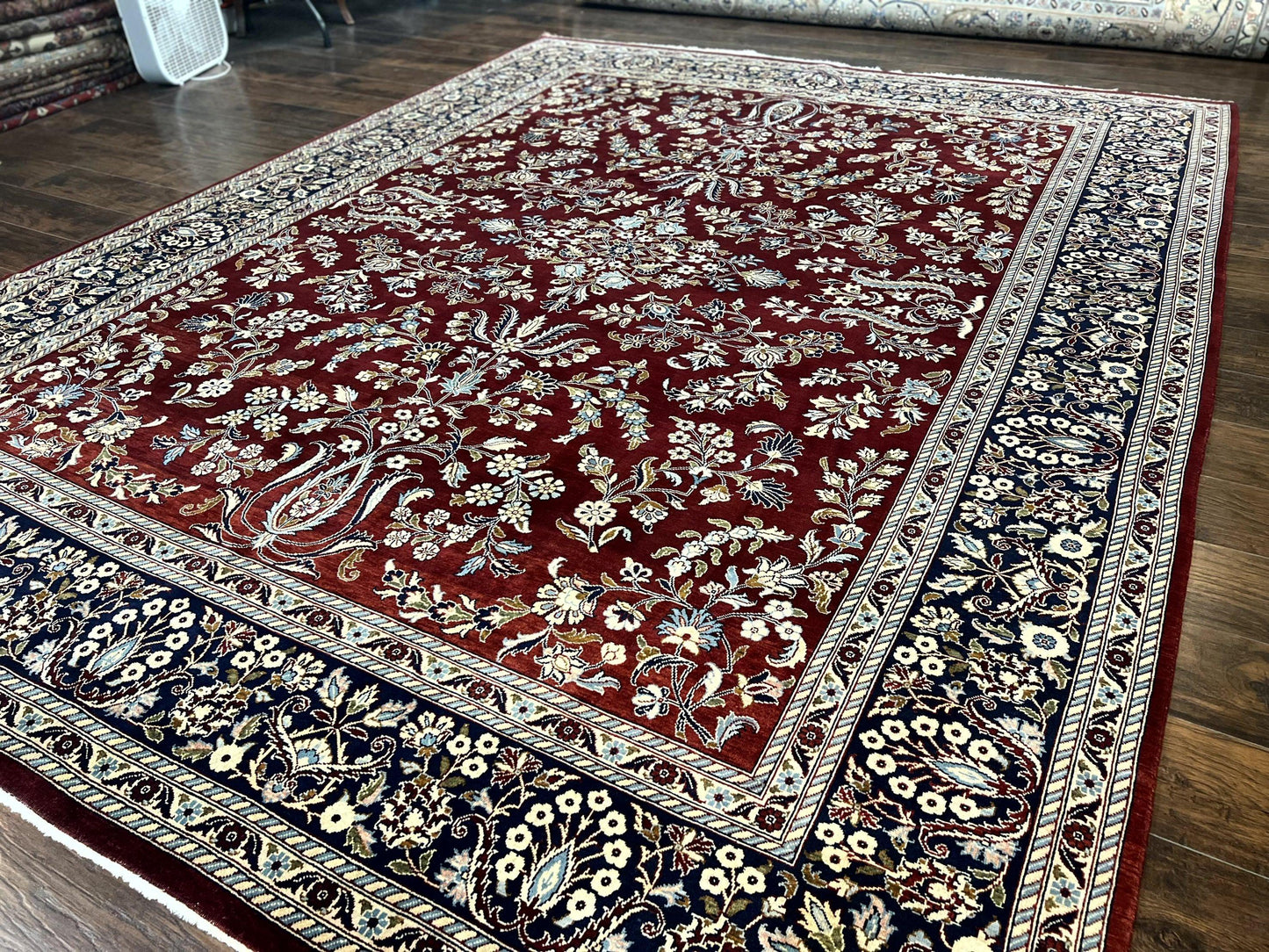 Indo Persian Sarouk Rug 9x12, Floral Allover, Dark Red & Navy Blue, Handmade Vintage Wool Carpet - Nuvé