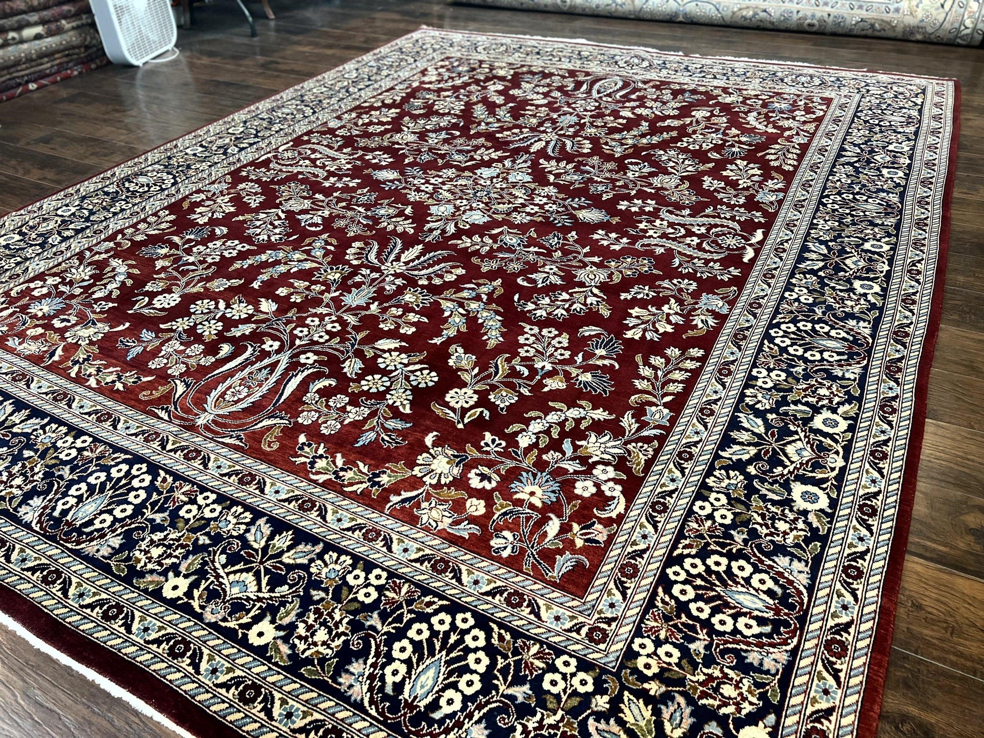 Indo Persian Sarouk Rug 9x12, Floral Allover, Dark Red & Navy Blue, Handmade Vintage Wool Carpet - Nuvé