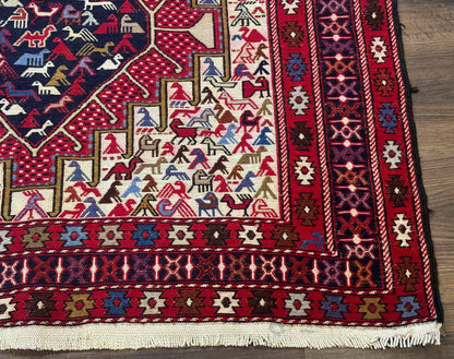 Persian Soumak Kilim Rug 4x6, Triple Medallions Tribal Pictorials, Caucasian Azerbaijani Kilim - Nuvé