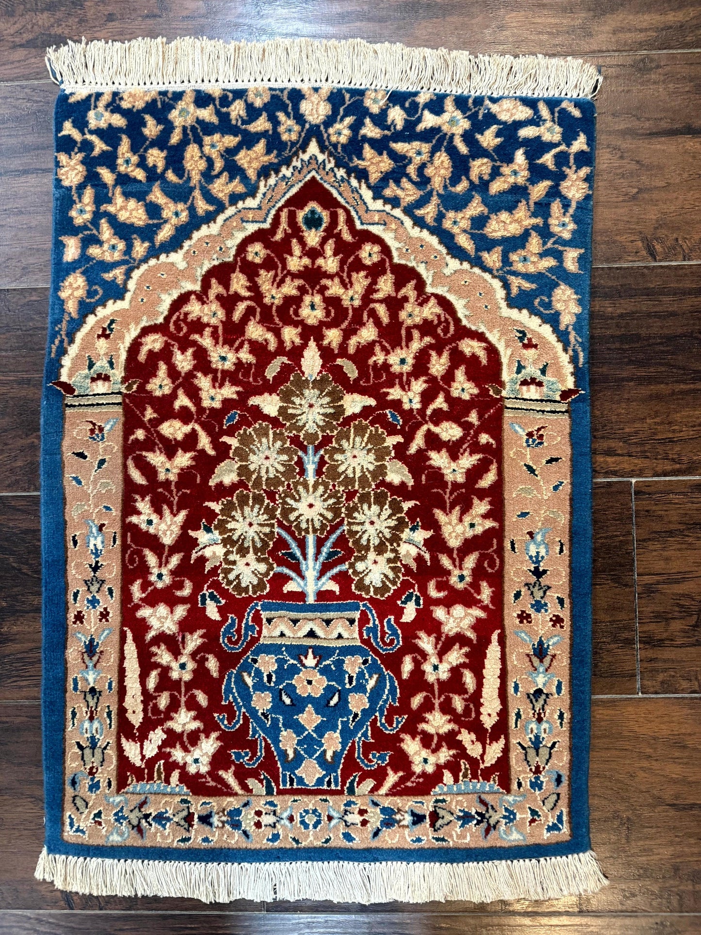 Small Persian Nain Rug, Persian Vase Tree of Life Design, Red and Blue, Very Fine 260 KPSI, Wool and Silk Highlights - Nuvé