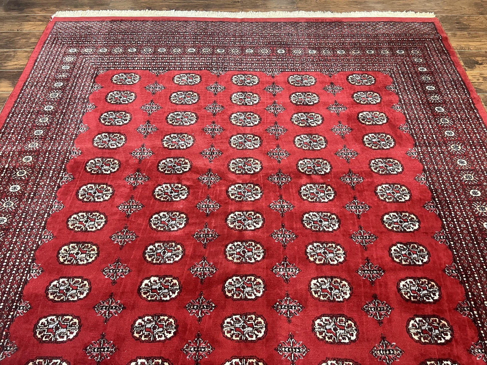 Turkoman Rug 8 x 11.6, Red Bokhara Pakistani Carpet, Wool Handmade Vintage Rug - Nuvé