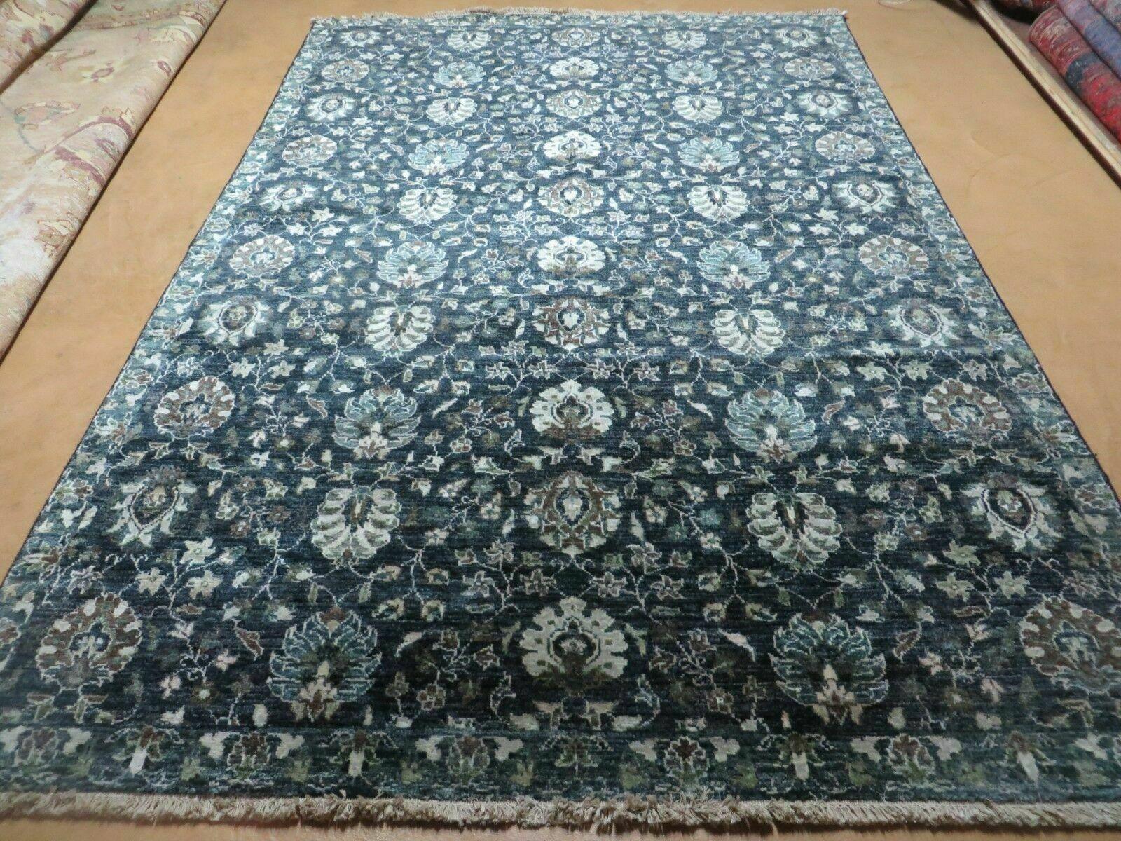 5' 6" X 8' Vintage Handmade Pakistani Floral Oriental Wool Rug Black Dark Grey - Nuvé
