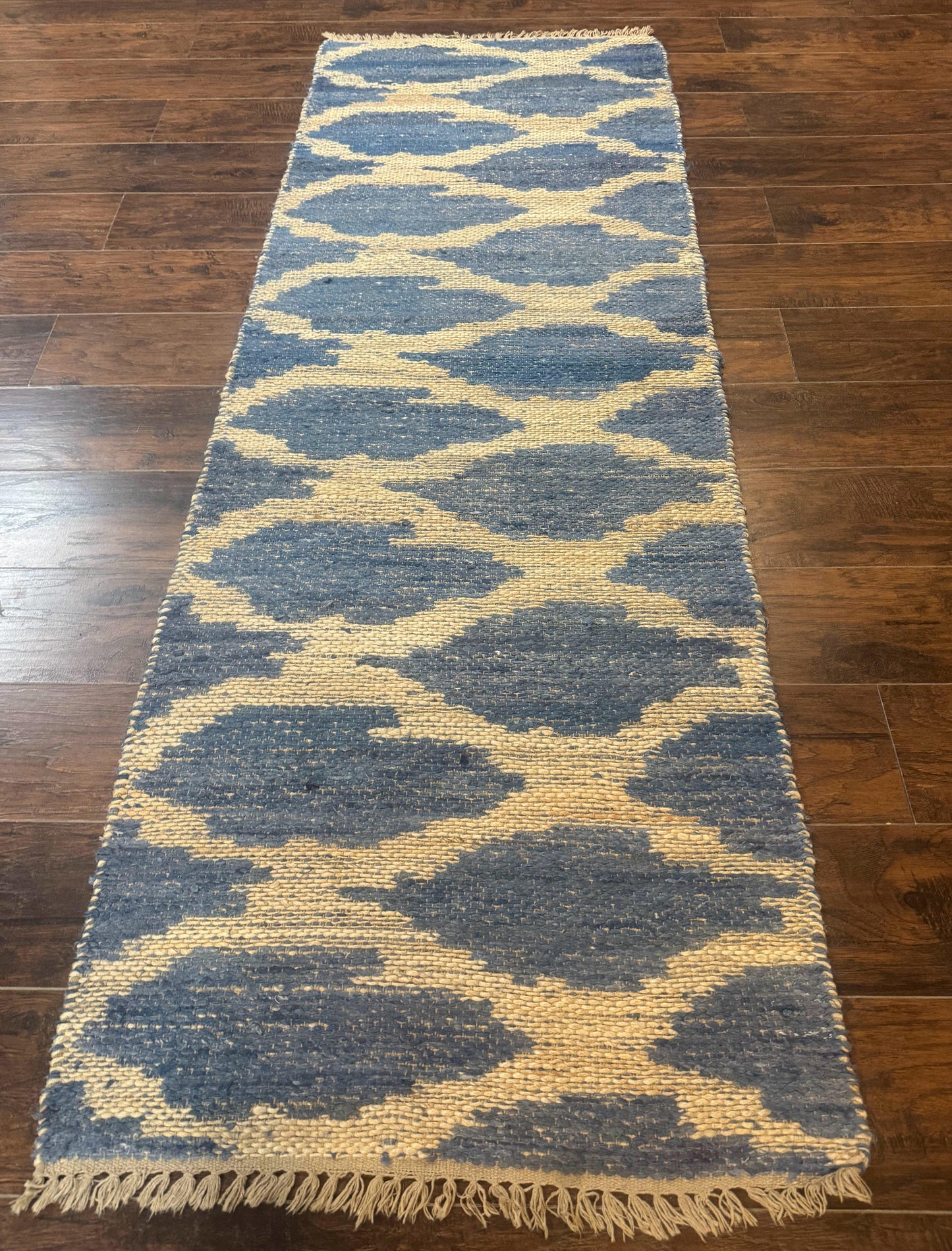 Modern Jute Runner Rug 2.9 x 7.9, Beige and Blue, Handwoven, Kaleen Rug - Nuvé