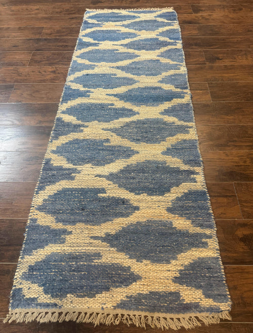 Modern Jute Runner Rug 2.9 x 7.9, Beige and Blue, Handwoven, Kaleen Rug - Nuvé