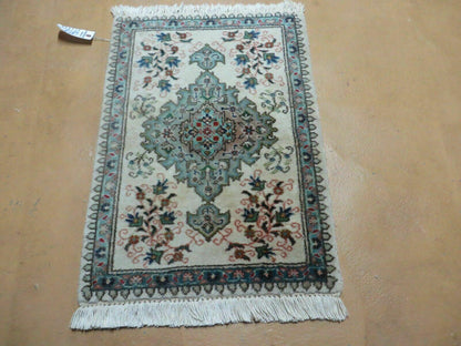 1' 9" X 2' 5" Handmade Indian Wool Rug Lahore Floral Design Small Oriental Rug Beige & Teal - Nuvé