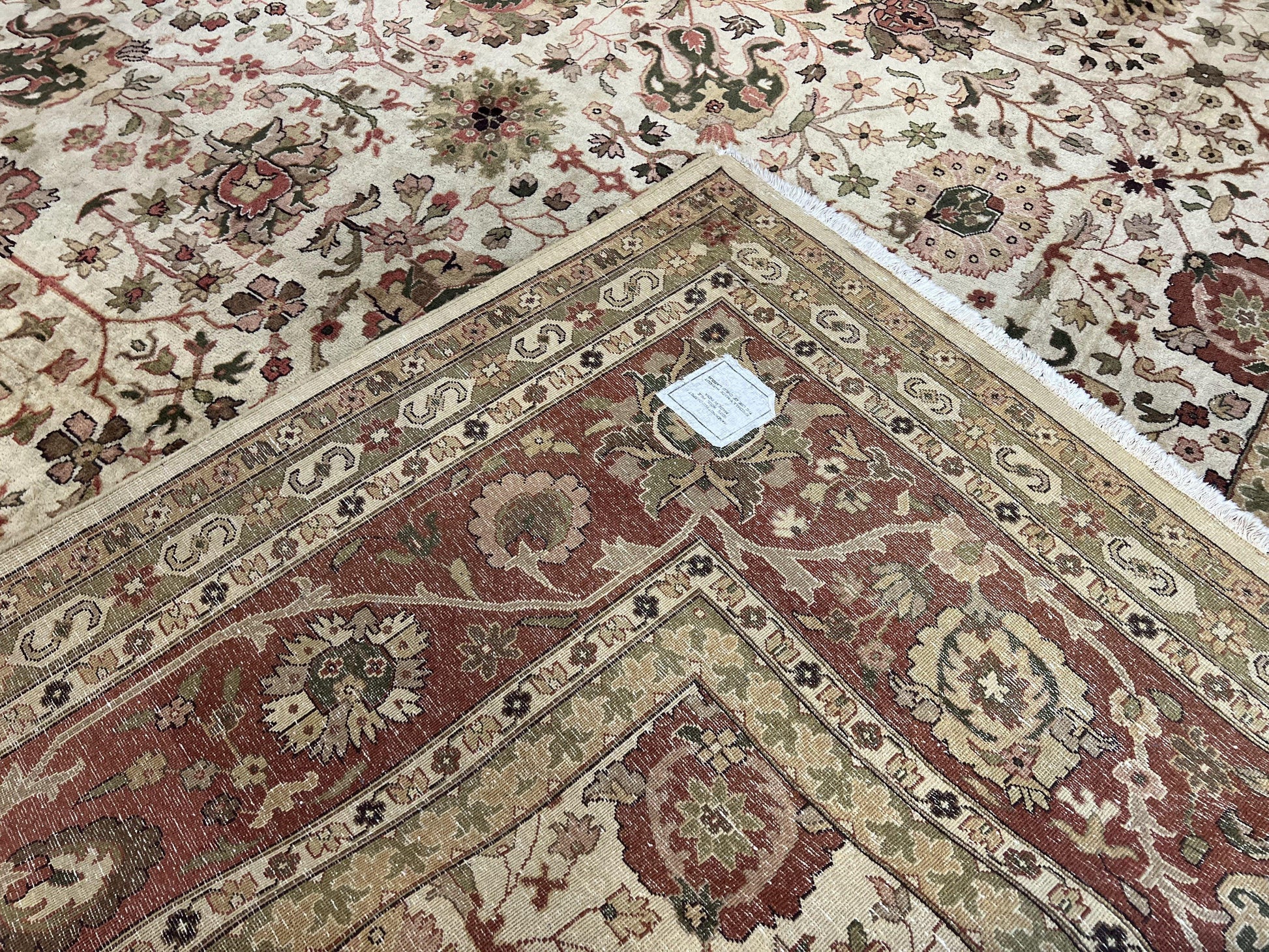 Large Indian Rug 10x14, Hand Knotted Indo Persian Gandehar Oriental Carpet, Vintage Wool Rug 10 x 14 ft Cream Red Floral Allover Traditional - Nuvé