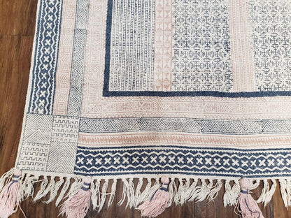 Vintage Moroccan Kilim Area Rug 4x6, Ivory & Blues, Moroccan Wall Hanging, Wool, Handmade, 3'9" x 6' 1", Boho Rug, Flatweave Moroccan Carpet - Nuvé