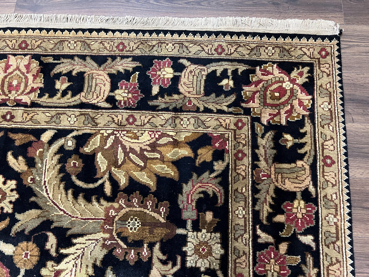 Indo Mahal Sultanabad Rug 8x11, Vintage Indian Oriental Carpet, Wool Handmade Floral Rug 8 x 11 ft, Black Beige Tan, Large Flowers Allover