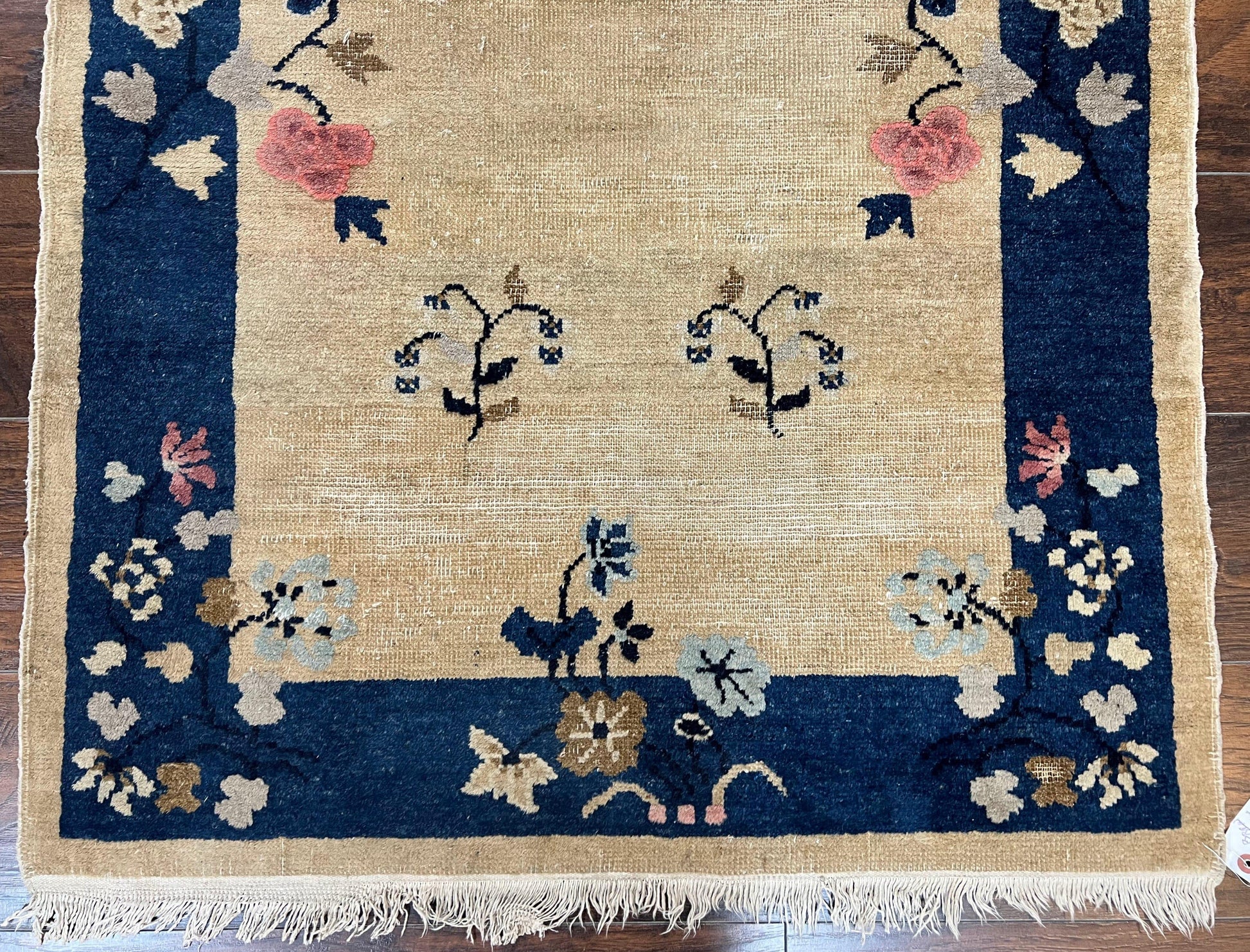 Antique Chinese Peking Rug 3x6, Beige and Dark Blue Hand Knotted Handmade Asian Oriental Carpet, Floral Vases, Vintage Wool Art Deco Rug - Nuvé